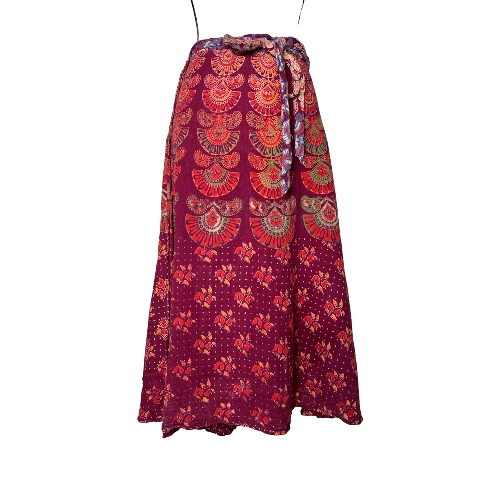 Boho Wrap Midi Skirt Burgundy Floral Block Print Tie Waist Handmade Look
Cotton - Picture 2 of 7